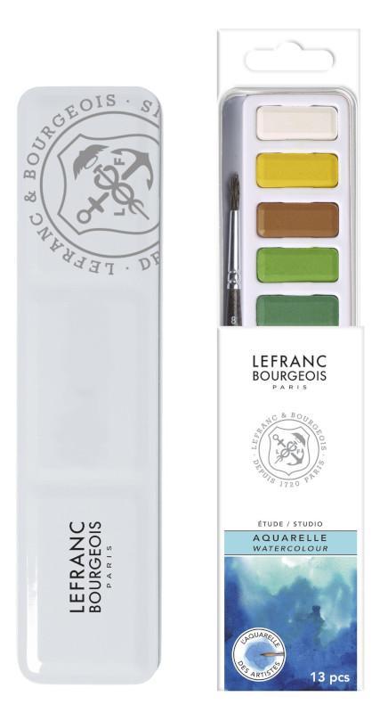 Akvarellset/Akvarellåda, akvarellfärg, Lefranc & Bourgeois, 12 helkoppar i plåtlåda + pensel, 12 färger/fp