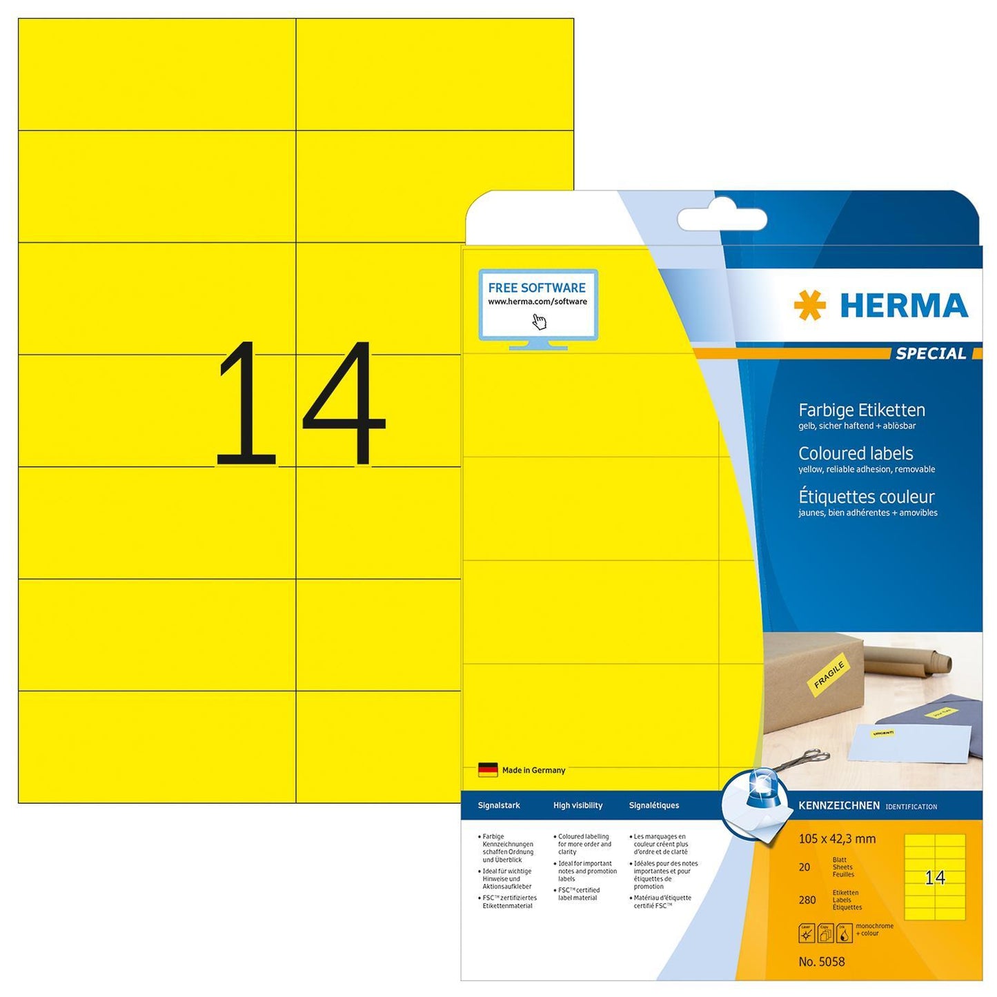 Etikett Herma Special 5058, färgade etiketter, avtagbara, A4, 105x42,3mm, Gul, 20 ark/fp (280 st etiketter)