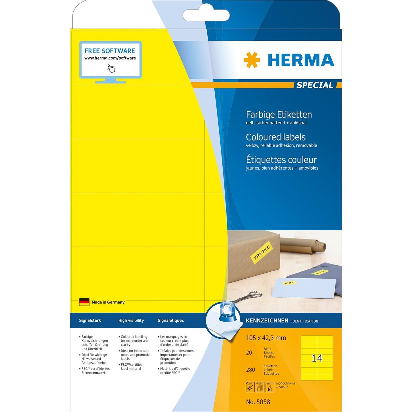 Etikett Herma Special 5058, färgade etiketter, avtagbara, A4, 105x42,3mm, Gul, 20 ark/fp (280 st etiketter)