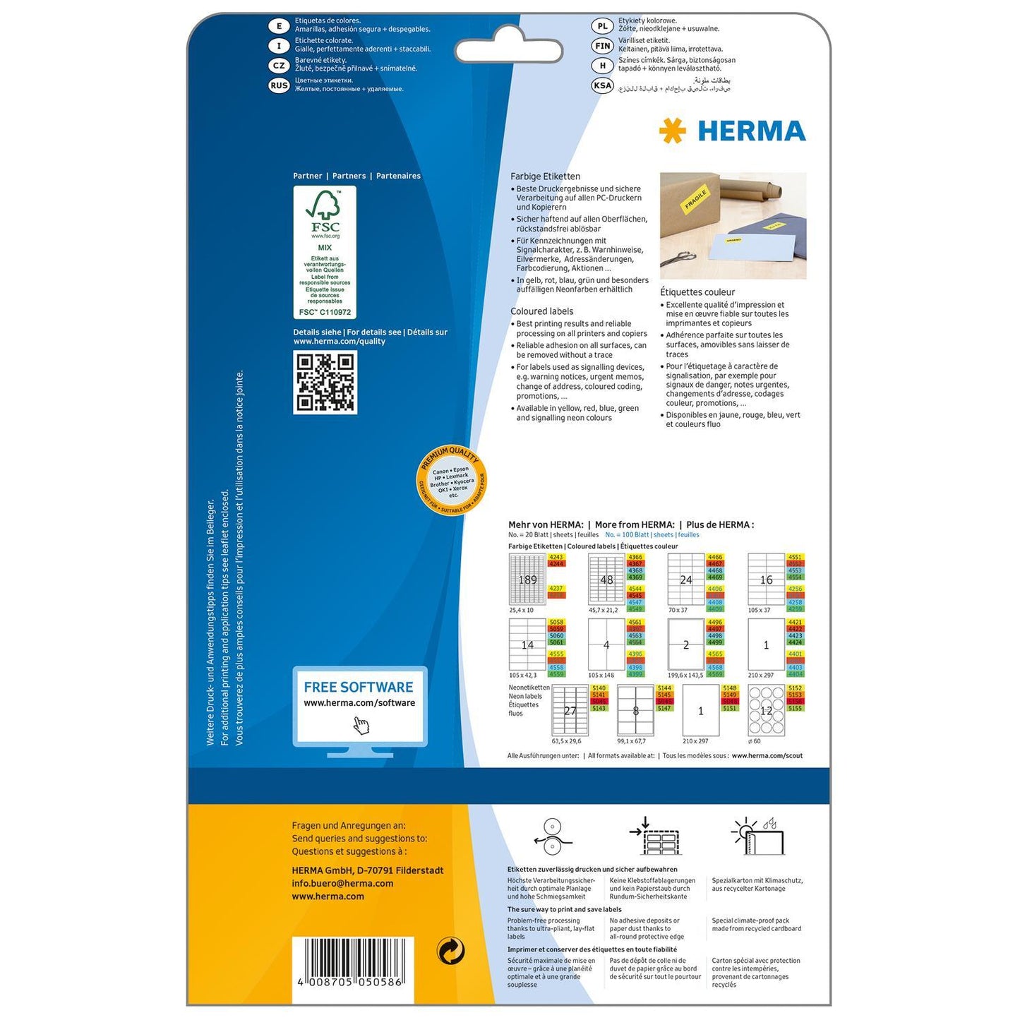 Etikett Herma Special 5058, färgade etiketter, avtagbara, A4, 105x42,3mm, Gul, 20 ark/fp (280 st etiketter)