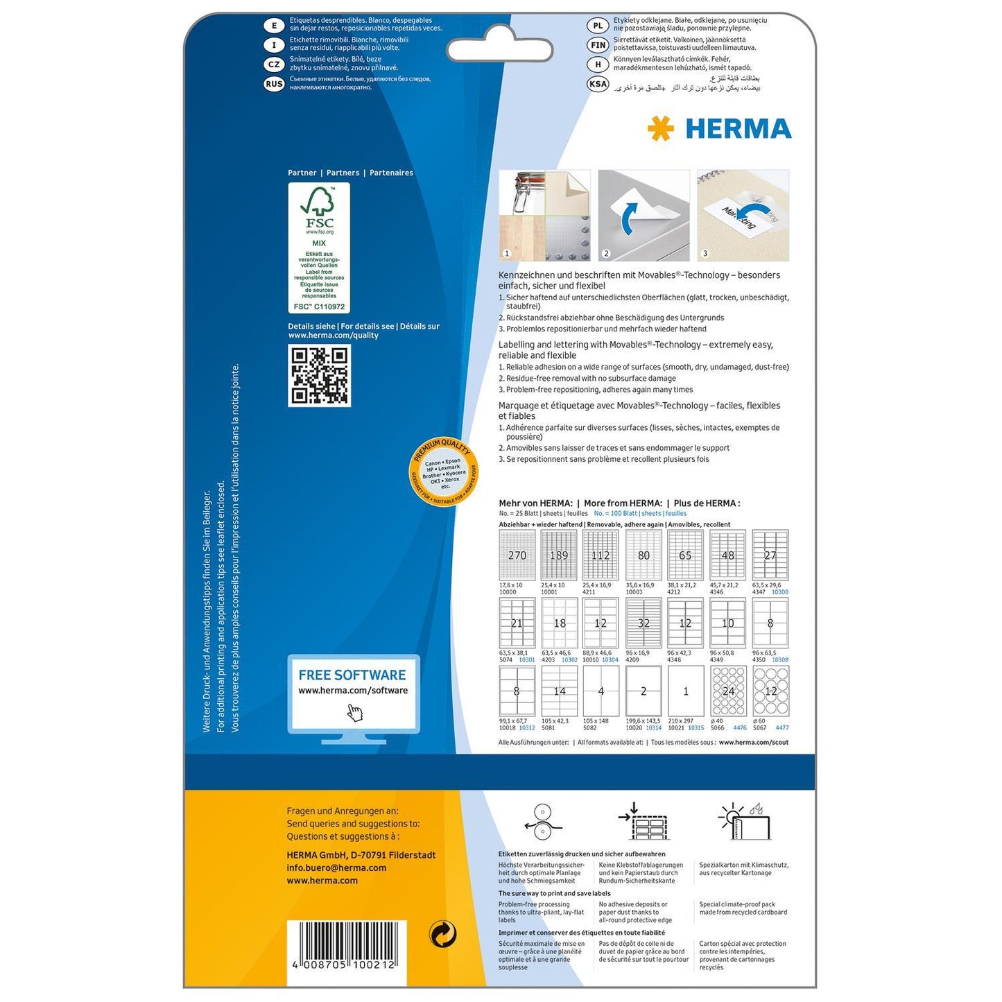 Etiketter Herma Movables 10021 (4352) A4 210x297mm Vit avtagbara/flyttbara, 25 ark/fp (25 st etiketter)