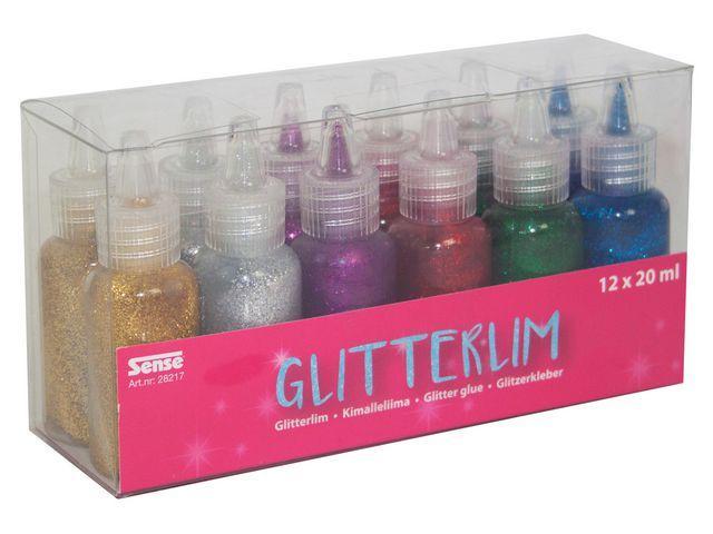 Glitterlim, 12 flaskor/fp (2 st guld, 2 st silver, 2 st röda, 2 st gröna, 2 st blå & 2 st lila)