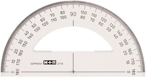 Gradskiva/Halvcirkelgradskiva M+R, plast, 0-180 grader, bas 15cm, Klar/Transparent 1/fp