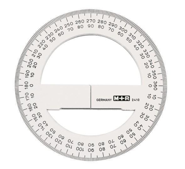 Gradskiva/Helcirkelgradskiva M+R, plast, 0-360 grader, 10cm, Klar/Transparent 1/fp