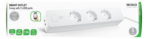 Grenuttag, WiFi, Deltaco Smart Home, Smart Outlet 3x Jordade uttag + 2x USB, 13A, 1,5m, Vit