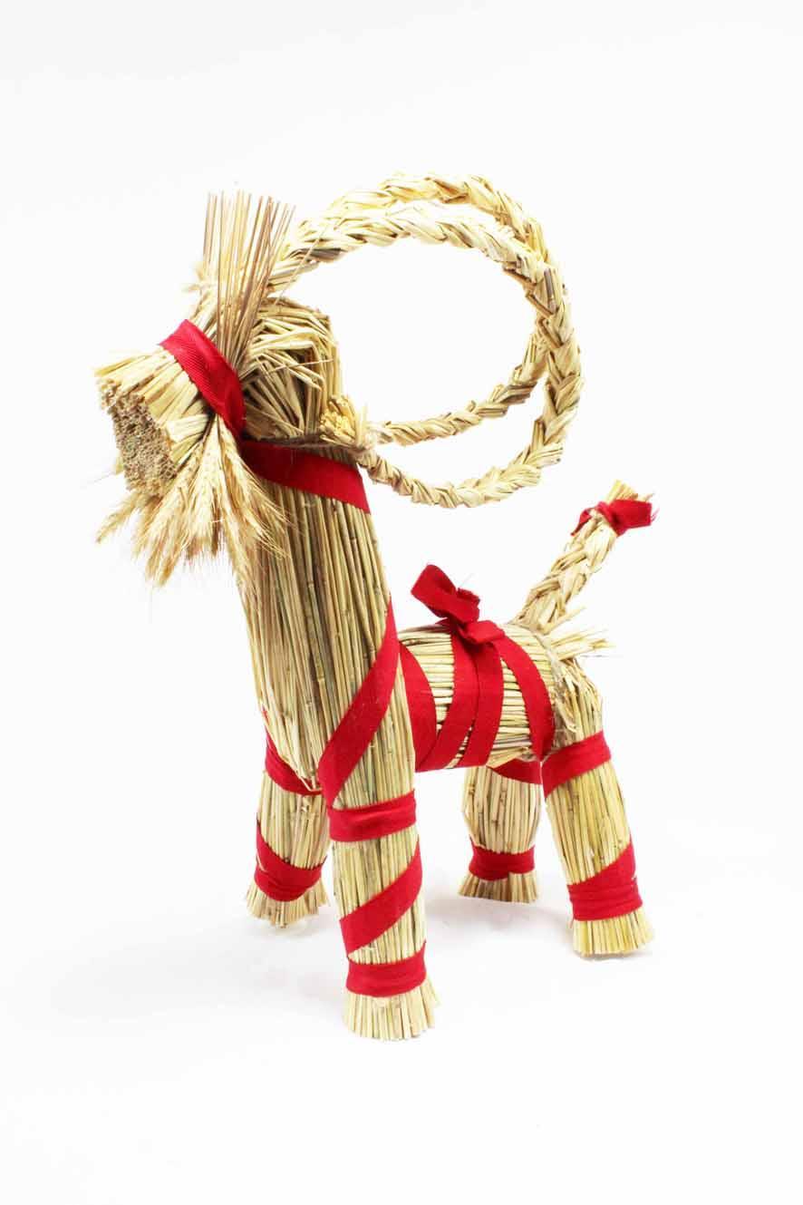 Halmbock/Julbock med julröda bomullsband, stående, 50cm hög