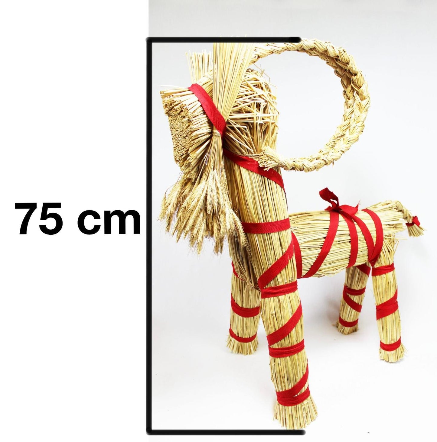 Halmbock/Julbock med julröda bomullsband, stående, 75cm hög