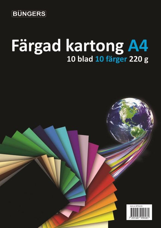 Kopieringspapper, färgad kartong, A4 220g, syrafritt, 1 ark x 10 färger, 10 ark/fp