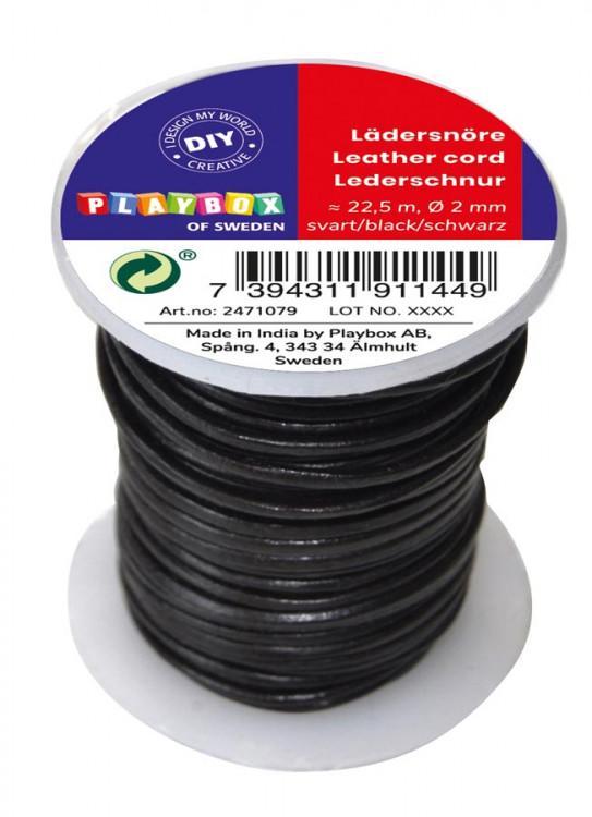 Läderrem/Lädersnöre, rund, 2 mm, 22,5 meter, Svart
