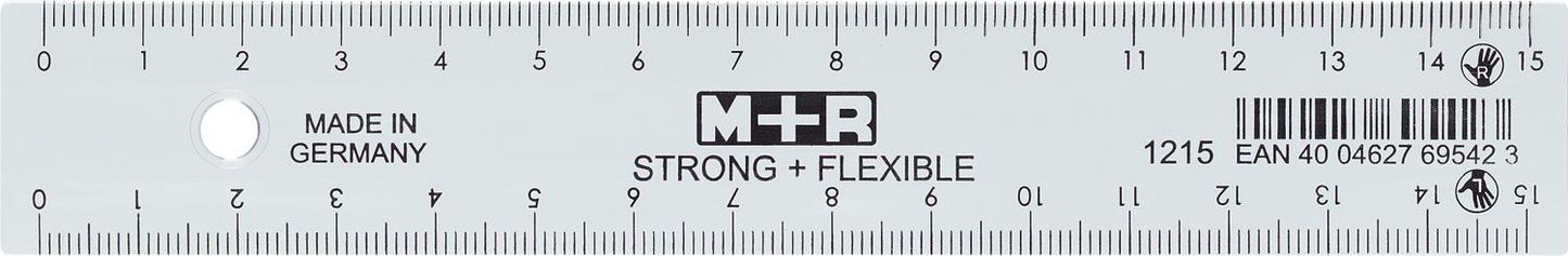 Linjal M+R Strong+Flexible, plast, 15cm cm/mm-gradering, Klar/Transparent, för höger- & vänsterhänta 1/fp