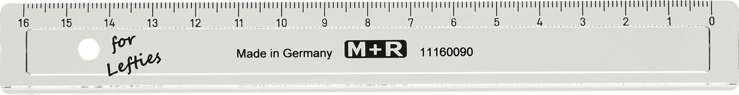 Linjal M+R, plast, 16cm cm/mm-gradering, Klar/Transparent, för vänsterhänta 1/fp