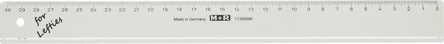 Linjal M+R, plast, 30cm cm/mm-gradering, Klar/Transparent, för vänsterhänta 1/fp