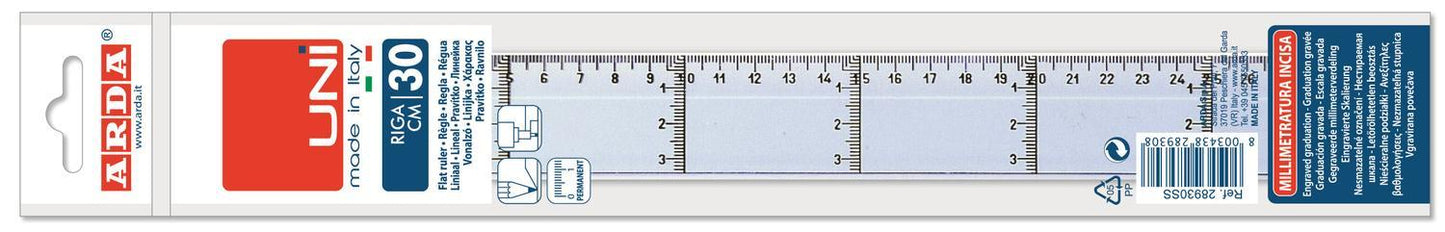 Linjal, tvärgraderad, plast, 30cm cm/mm-gradering, Klar/Transparent 1/fp