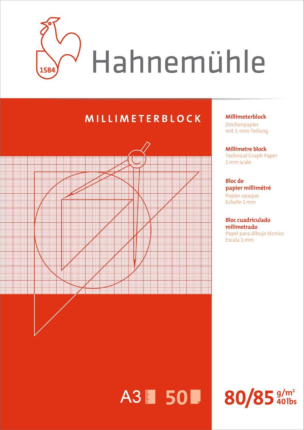Millimeterpapper / Millimeterrutat papper, 1x1mm, Hahnemühle, 80/85g, A3, Röd, 50 ark