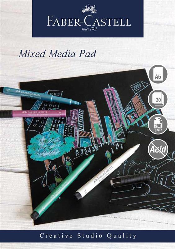 Mixed mediablock Faber-Castell, spiral, A5, 250g, 30 ark, Svart papper, 1 block/fp