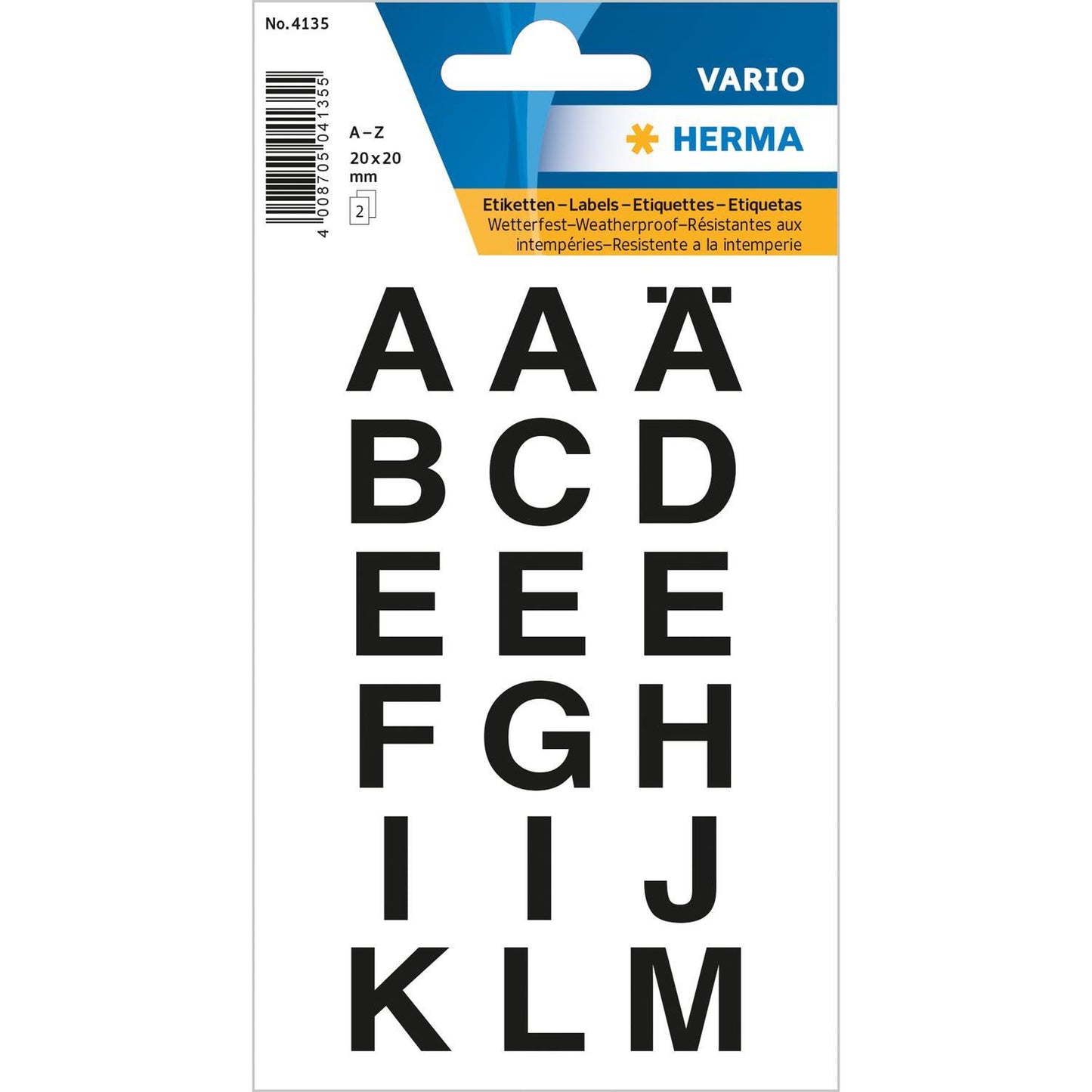 Märketikett Herma Vario 4135 Bokstäver A-Z 15mm, 20x20mm, Svart/Transparent, 2 ark/fp