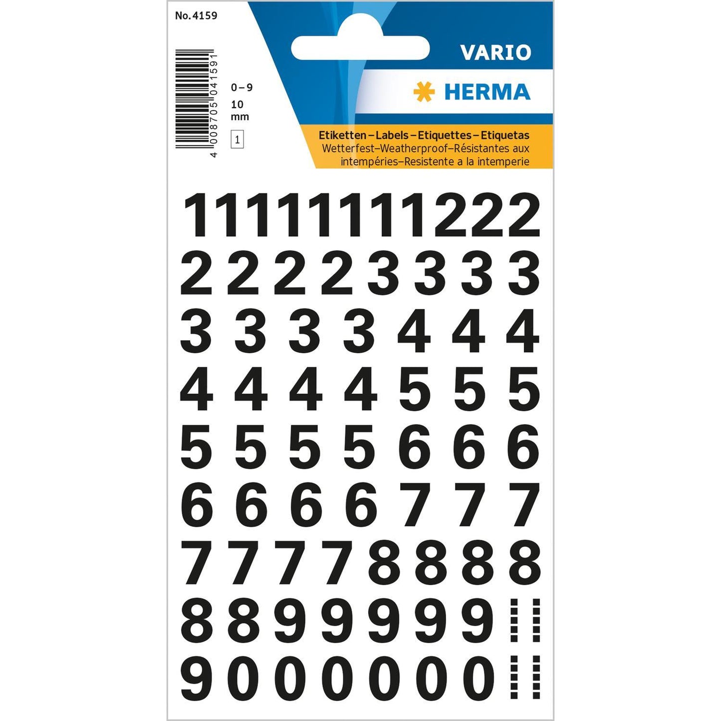 Märketikett Herma Vario 4159 Siffror 0-9, 10mm, Svart, 1 ark/fp