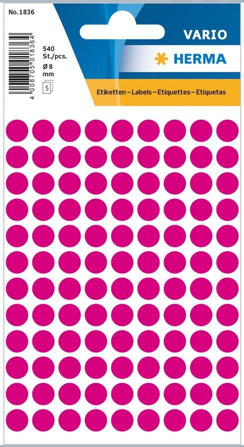 Märketiketter/Signaletiketter Herma Vario 1836 Ø 8mm permanent Rosa 540/fp