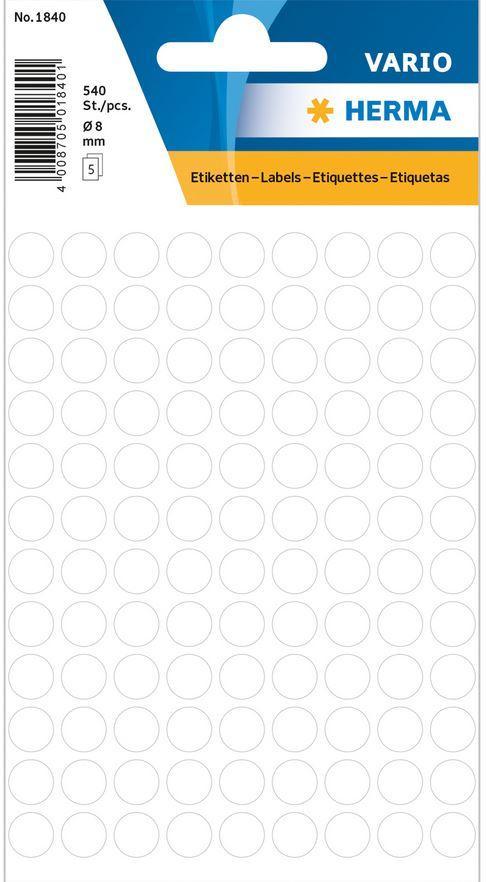 Märketiketter/Signaletiketter Herma Vario 1840 Ø 8mm permanent Vit 540/fp