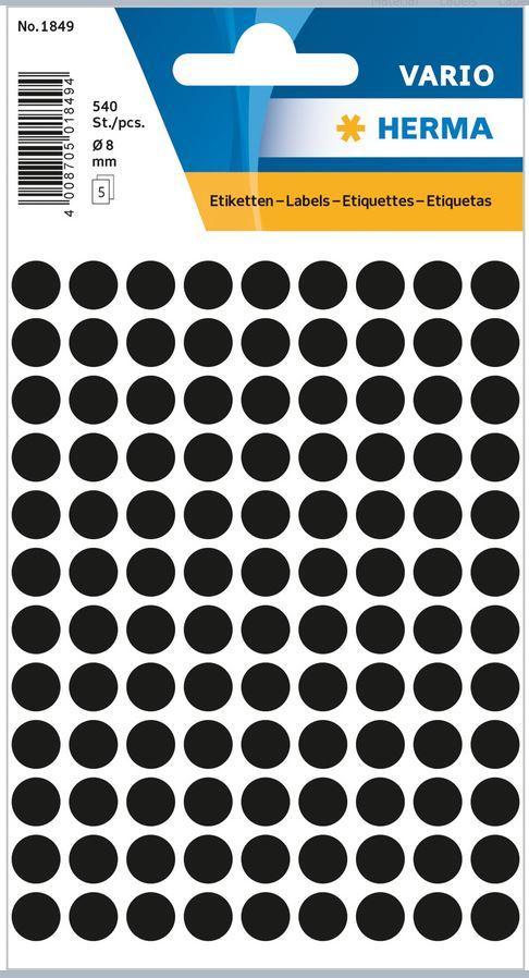 Märketiketter/Signaletiketter Herma Vario 1849 Ø 8mm permanent Svart 540/fp