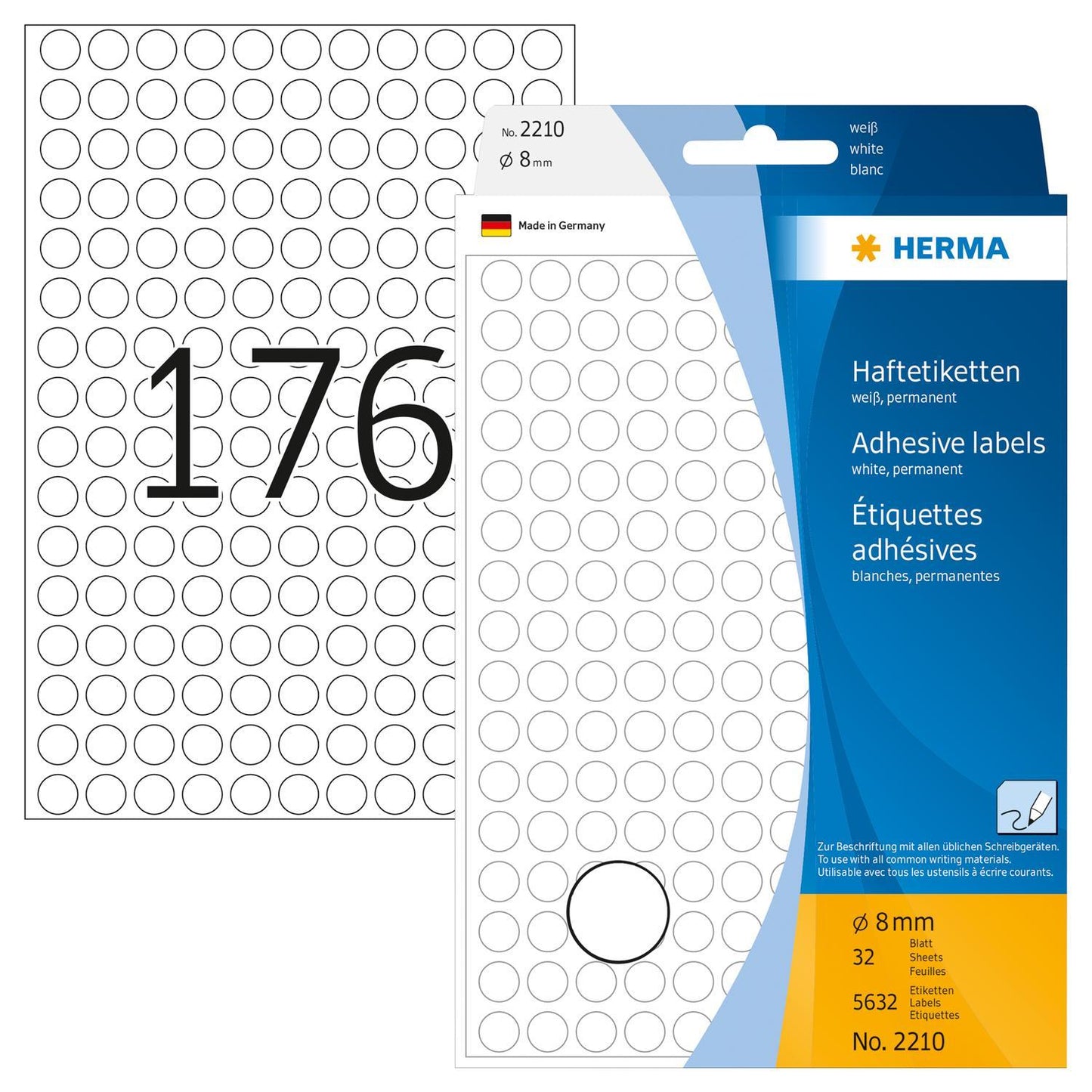 Märketiketter/Signaletiketter, runda etiketter, Herma 2210 Ø 8mm, permanent, Vit 5632/fp (176 etiketter/ark)