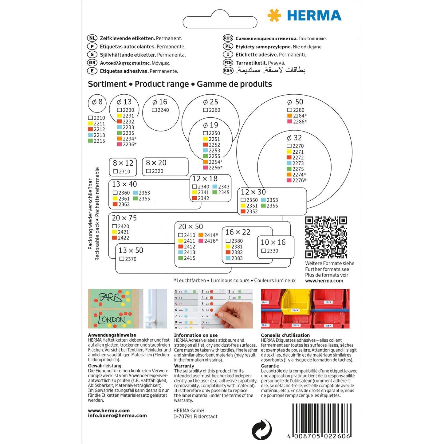 Märketiketter/Signaletiketter, runda etiketter, Herma 2260 Ø 25mm, permanent, Vit 768/fp (24 etiketter/ark)