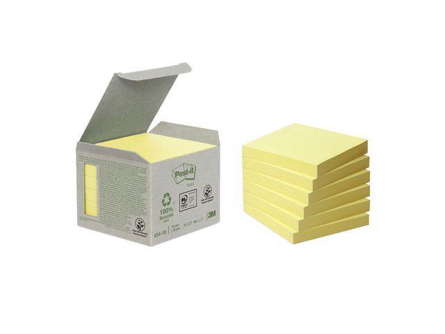 Notisblock Post-it Notes 100% Recycled/återvunnen (654-1B) 76x76mm Gul 6/fp