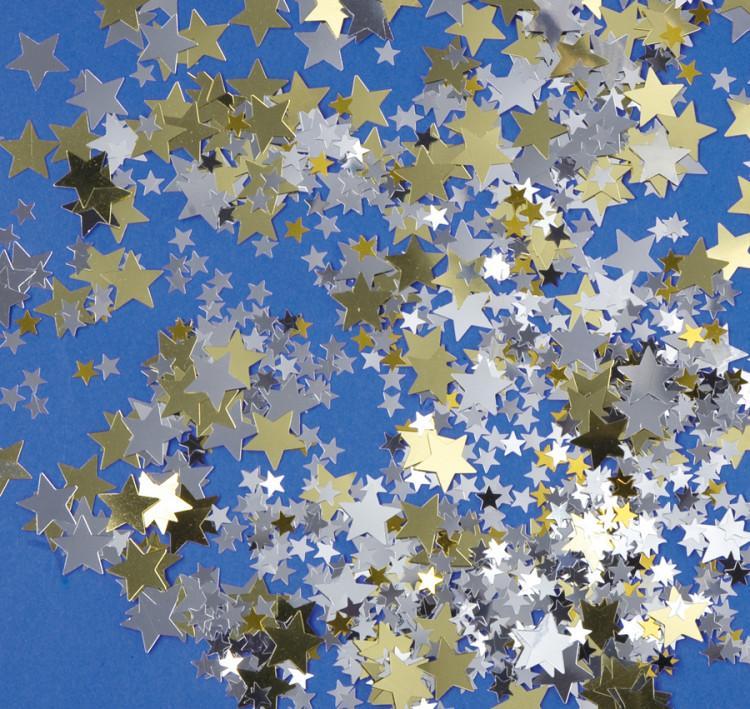 Paljetter, Mix av Stjärnor, plast, Guld & Silver, 10mm & 18mm, ca 100 gram