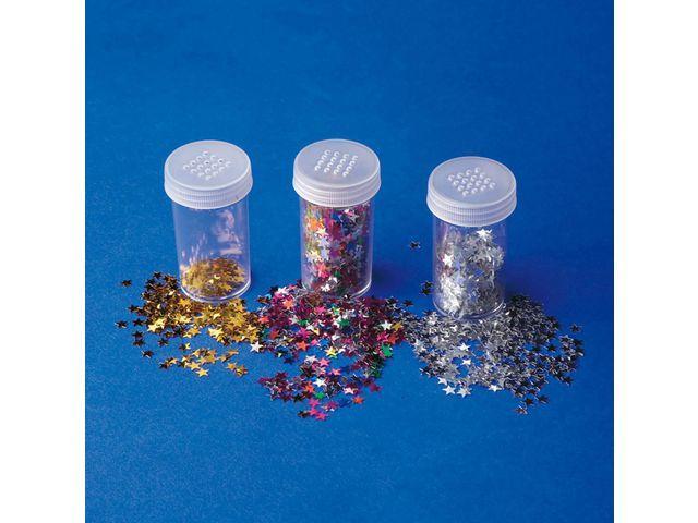 Paljetter, Stjärnor, plast, 6mm, 3 färger x 12 gram stjärnor/fp (Guld/Silver/Blandade färger)