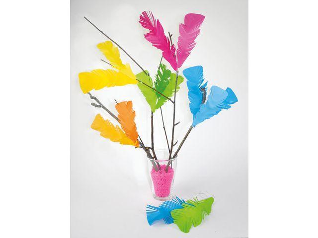 Pappersfjädrar: Fjädrar i papper, enfärgade, 6 färger, 48 fjädrar/fp (för påskpynt mm)