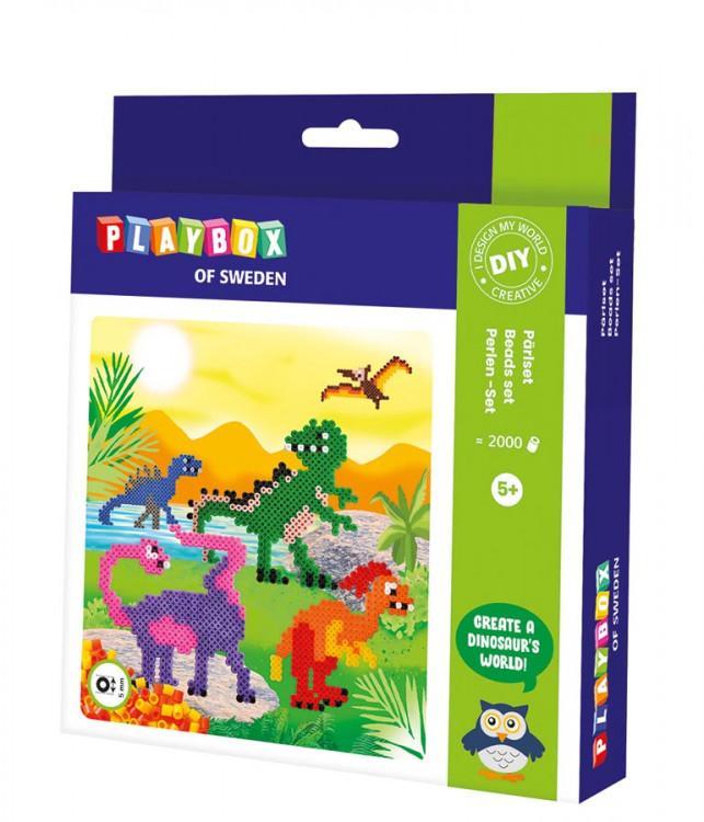 Pärlset, strykpärlor, Dinosaurier, Ø 5mm, 2000 rörpärlor/fp + pärlplatta