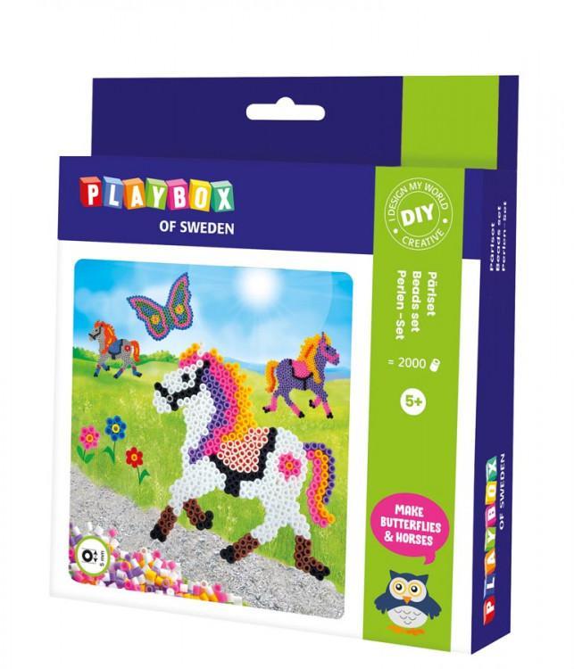 Pärlset, strykpärlor, Häst & Fjäril, Ø 5mm, 2000 rörpärlor/fp + pärlplattor