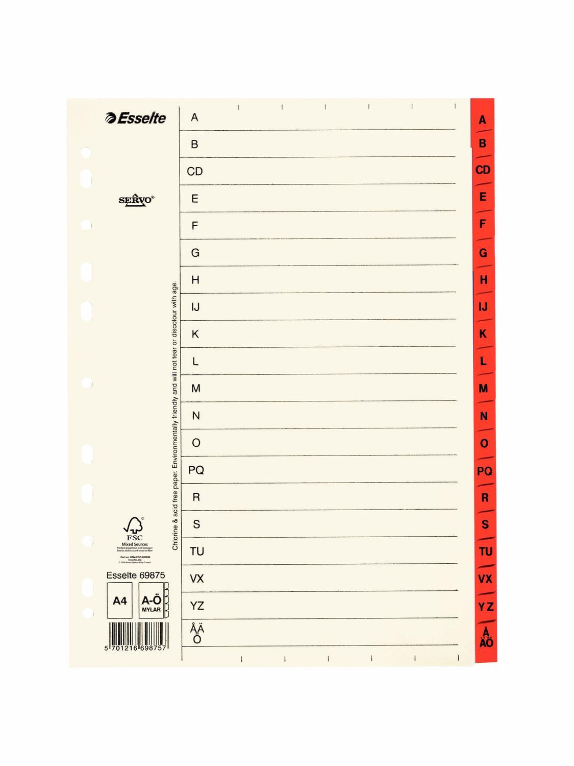 Pärmregister Esselte Servo (69875) papper A4, A-Ö Röd 1/fp