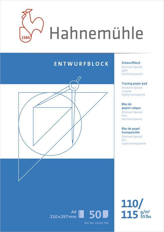 Ritpapper transparent, Tracingpapper, block Hahnemühle Diamant Smooth 110/115g, A4 (210x297mm), 50 ark