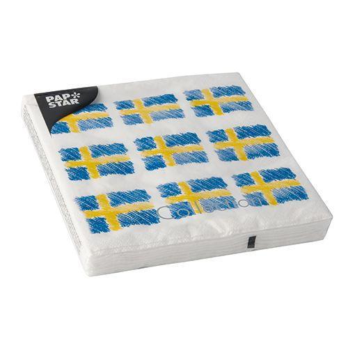 Servett med svenska flaggan, 33x33cm, 3-lager, Sverigeflagga, 20 servetter/fp