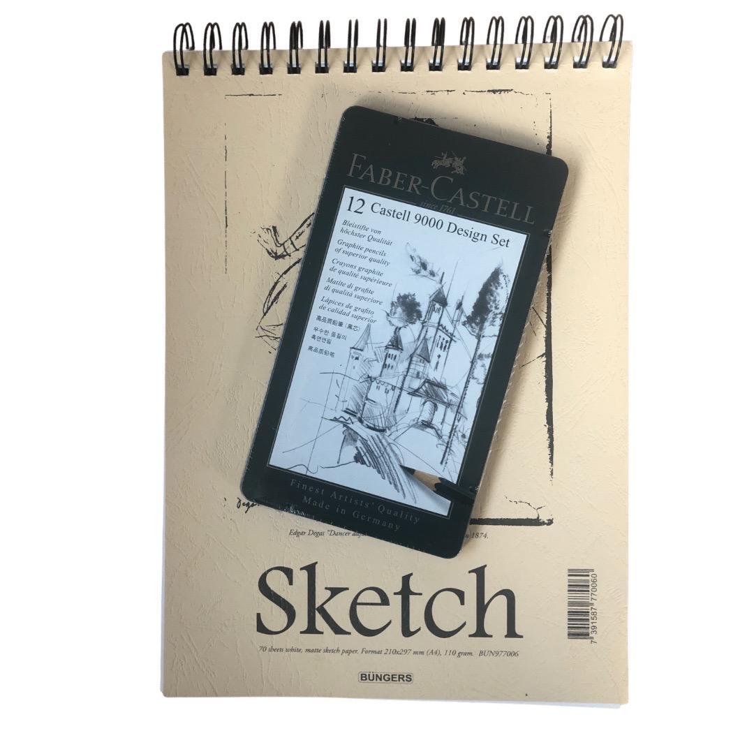 Skisset: Pennset + Skissblock A4, Faber-Castell Castell 9000 5B-5H