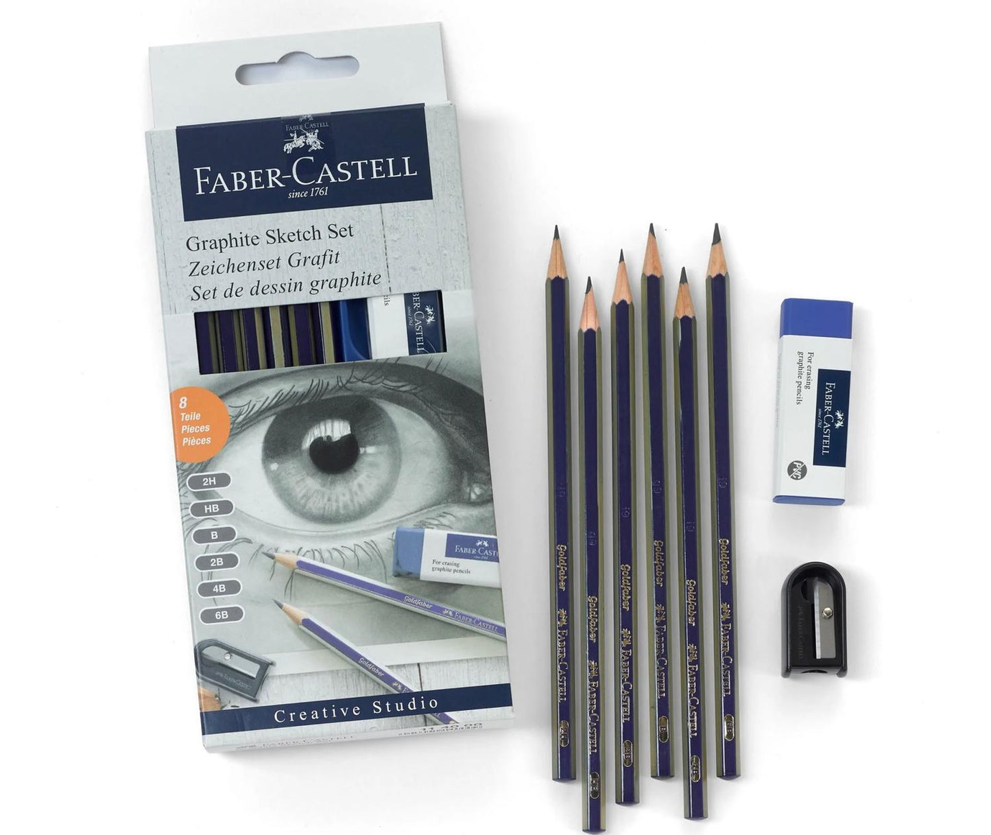 Skisset: Skissblock spiral A4 110g, 70 blad + Pennset Faber-Castell Graphite Sketch Set Goldfaber