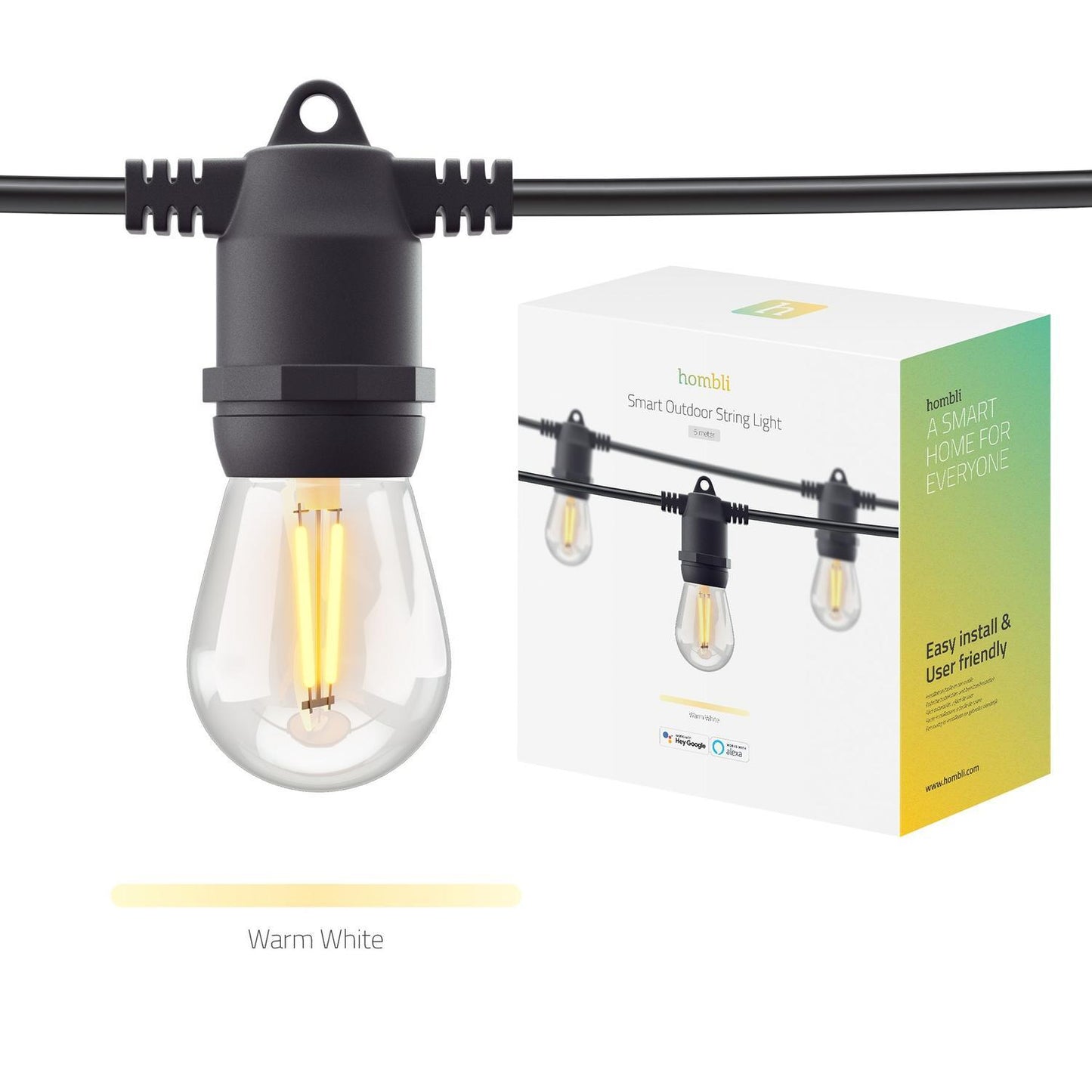 Startkit: Smart utomhusbelysning, WiFi, Hombli Smart Outdoor Light String, Dimbar, 5m (10 lampfästen, + 12 lampor)