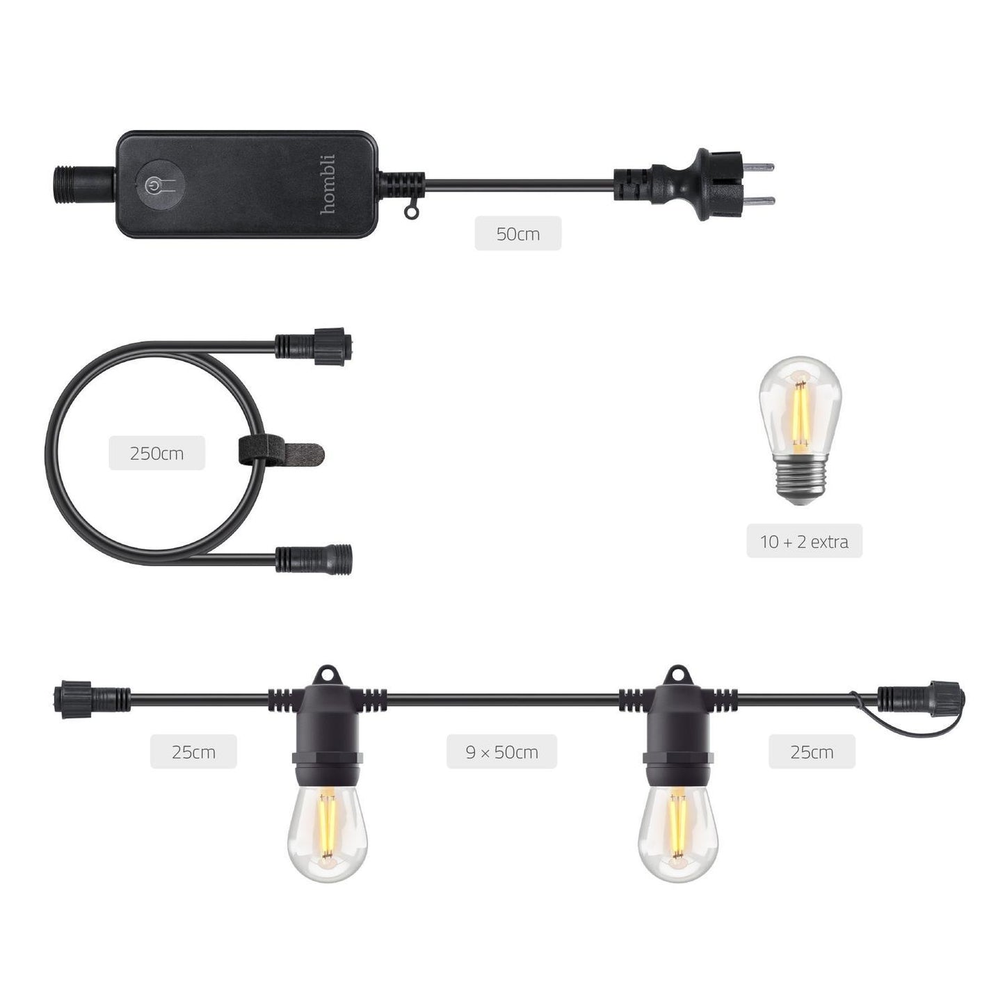 Startkit: Smart utomhusbelysning, WiFi, Hombli Smart Outdoor Light String, Dimbar, 5m (10 lampfästen, + 12 lampor)