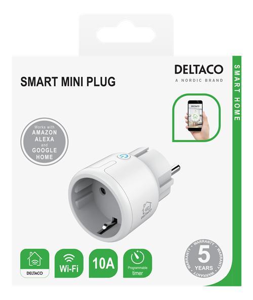 Strömbrytare/Plug In Relä, WiFi, Deltaco Smart Home, Smart Mini Plug, (EU), 10A, timer, Vit