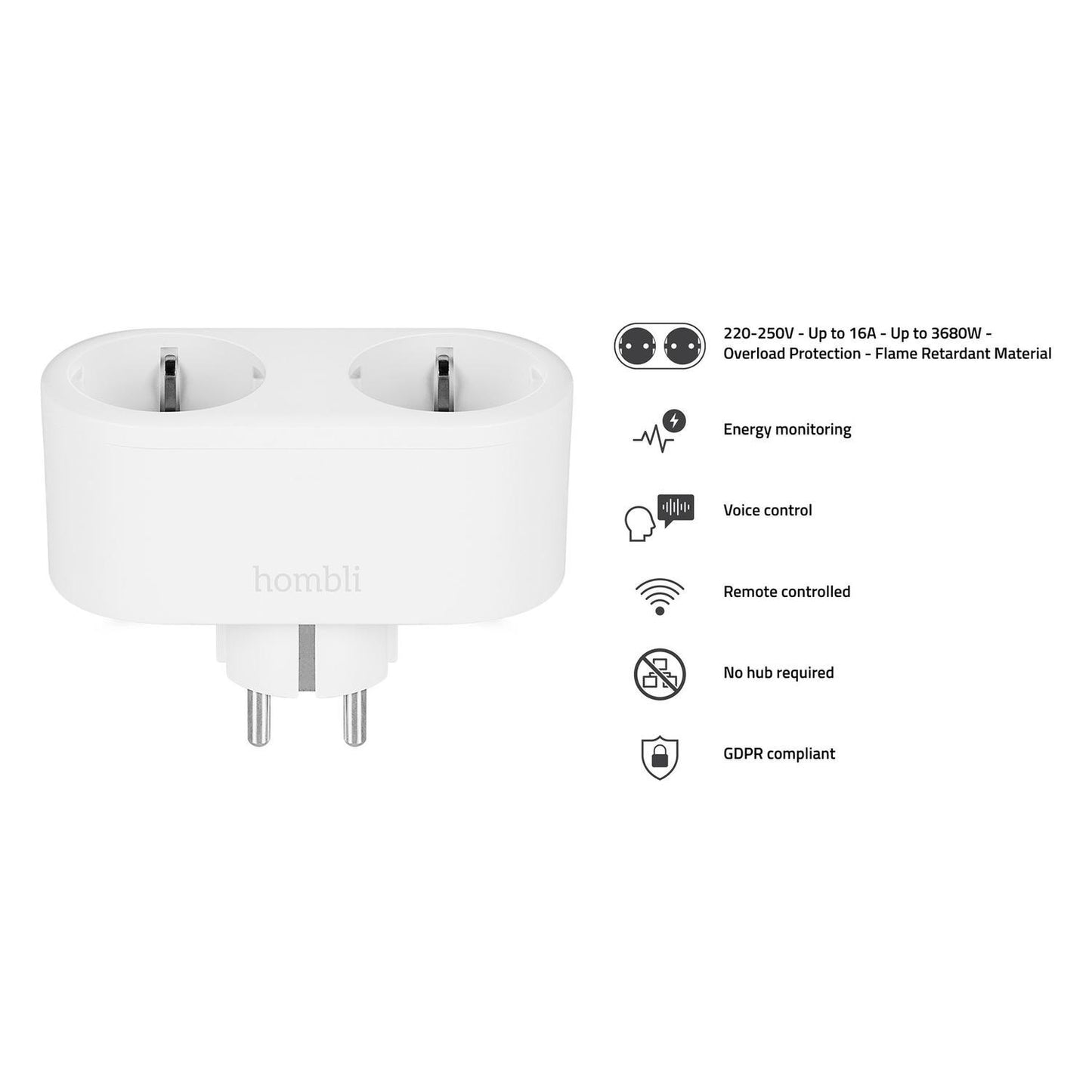 Strömbrytare, WiFi, Hombli Smart Socket Duo WiFi Plug (EU), 16A, Vit (med energimätning)