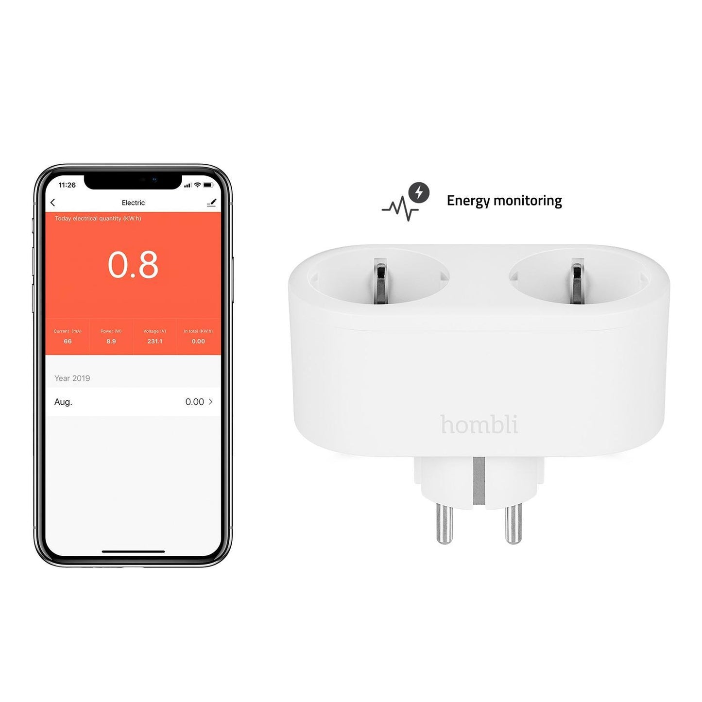 Strömbrytare, WiFi, Hombli Smart Socket Duo WiFi Plug (EU), 16A, Vit (med energimätning)