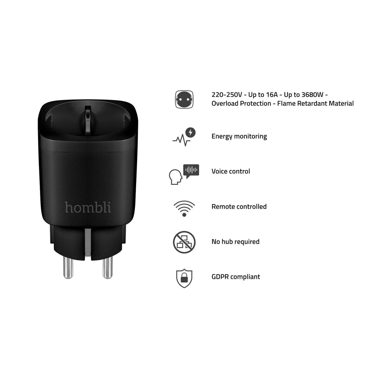 Strömbrytare, WiFi, Hombli Smart Socket WiFi Plug (EU), 16A, Svart (med energimätning)