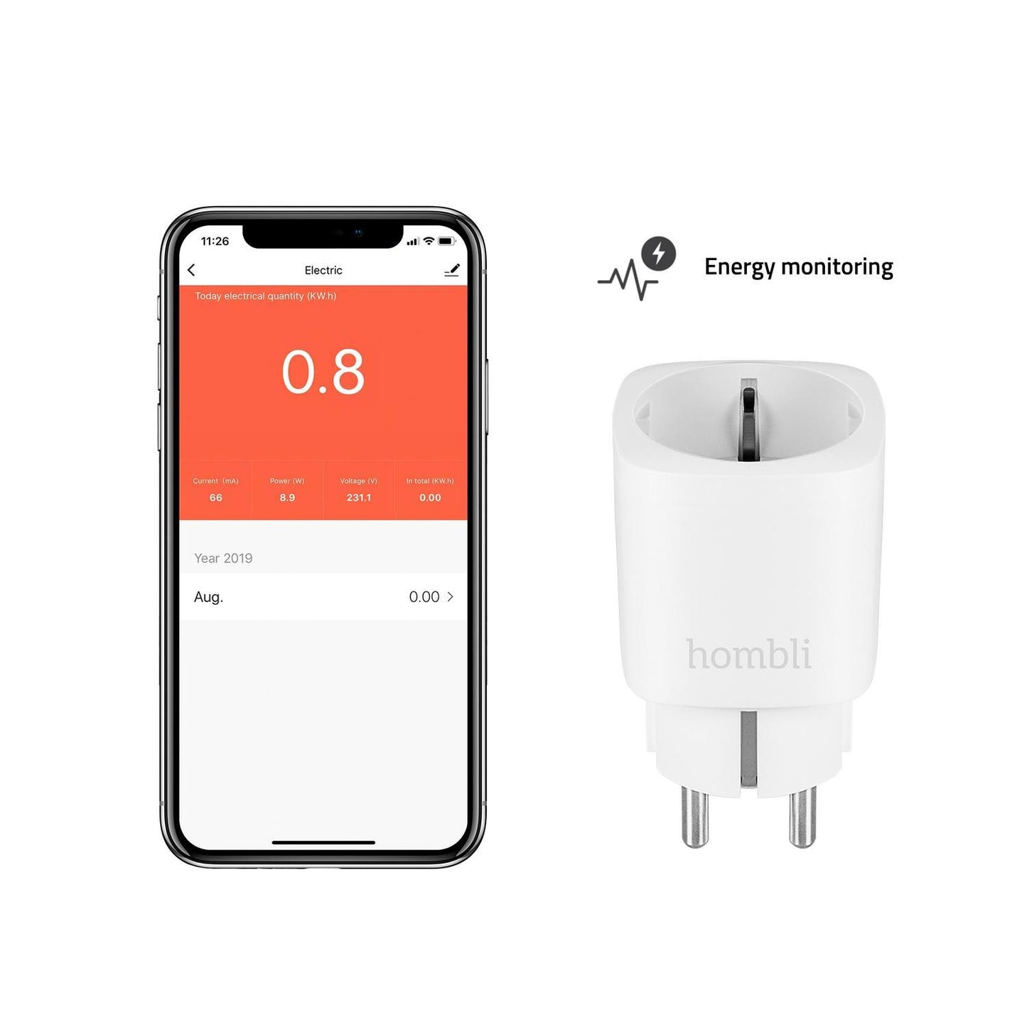 Strömbrytare, WiFi, Hombli Smart Socket WiFi Plug (EU), 16A, Vit (med energimätning), 3/fp