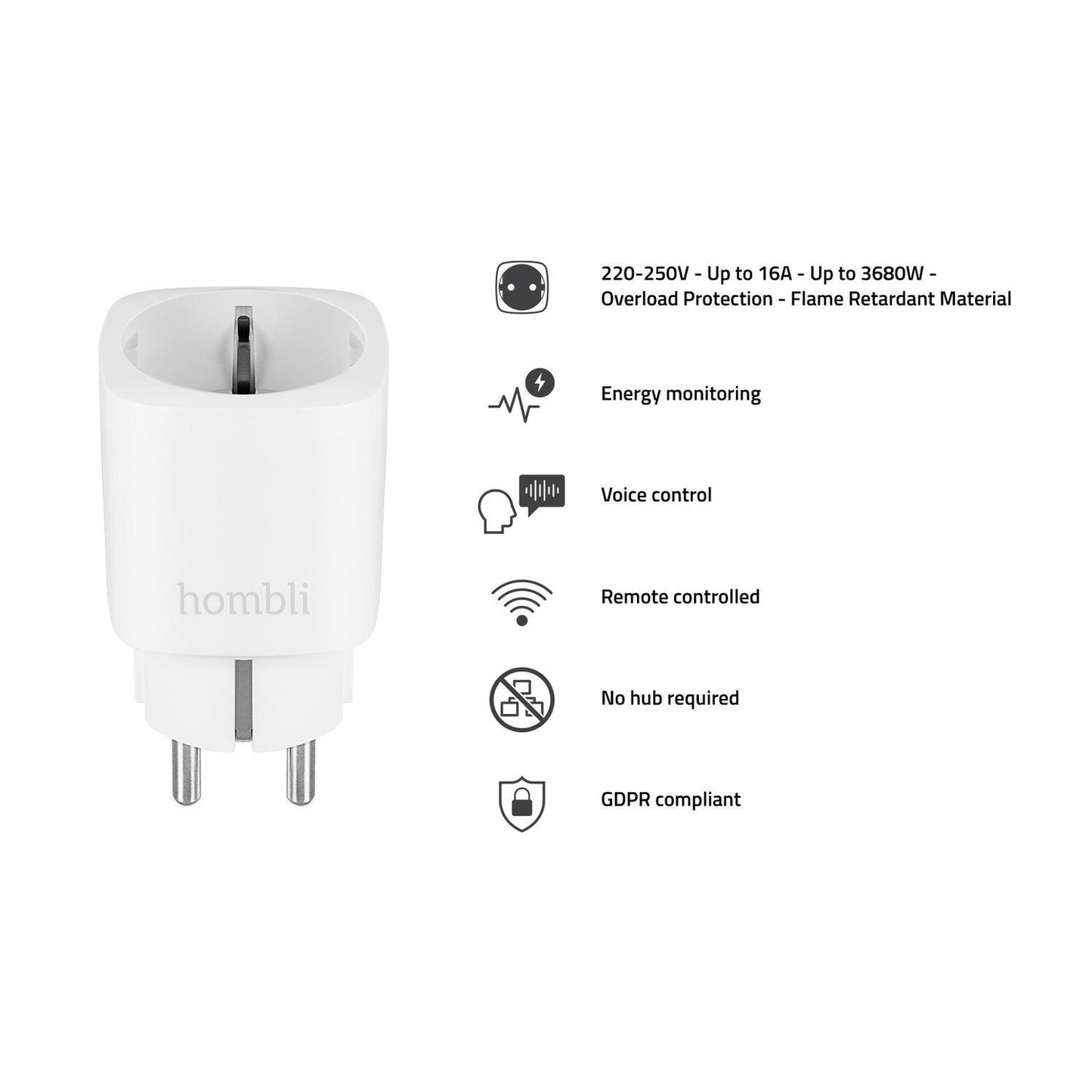 Strömbrytare, WiFi, Hombli Smart Socket WiFi Plug (EU), 16A, Vit (med energimätning), 3/fp