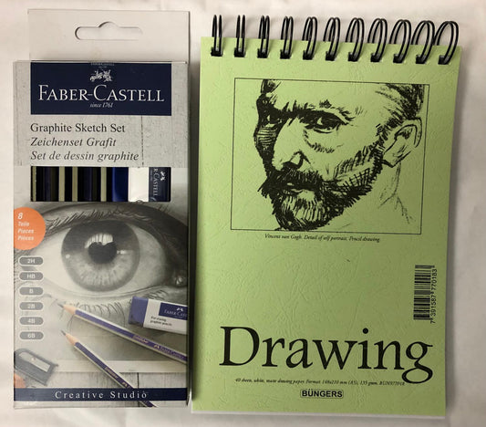 Teckningsset: Teckningsblock spiral A5 135g, 40 blad + Pennset Faber-Castell Graphite Sketch Set Goldfaber