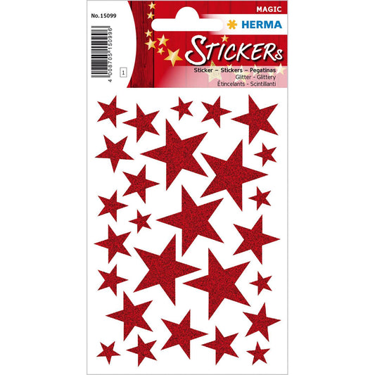 Dekorationsetiketter Stickers Herma Magic 15099, Röda stjärnor, Glitter, 27 etiketter/fp