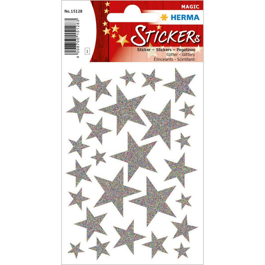 Dekorationsetiketter Stickers Herma Magic 15128, Silverstjärnor, Glitter, 27 etiketter/fp