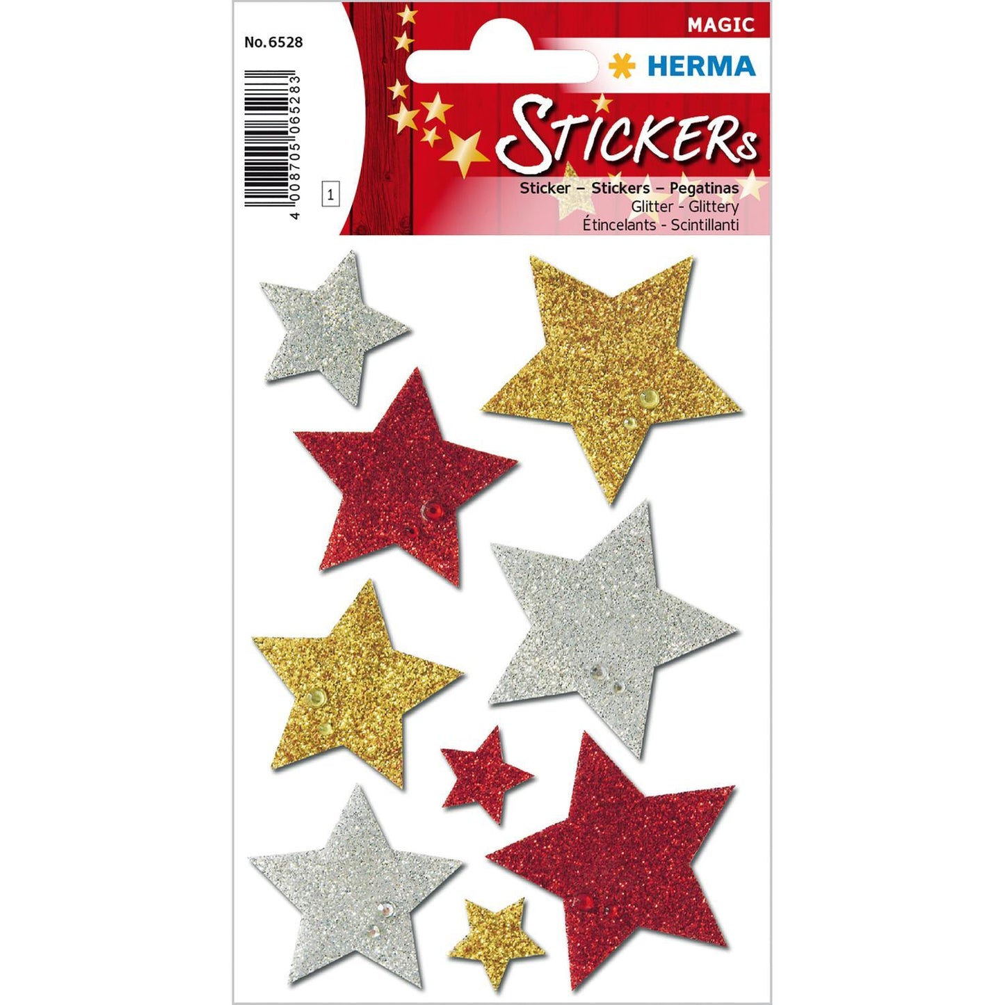 Dekorationsetiketter Stickers Herma Magic 6528, Stjärnor, Glitter, Tre färger, 9 etiketter/fp