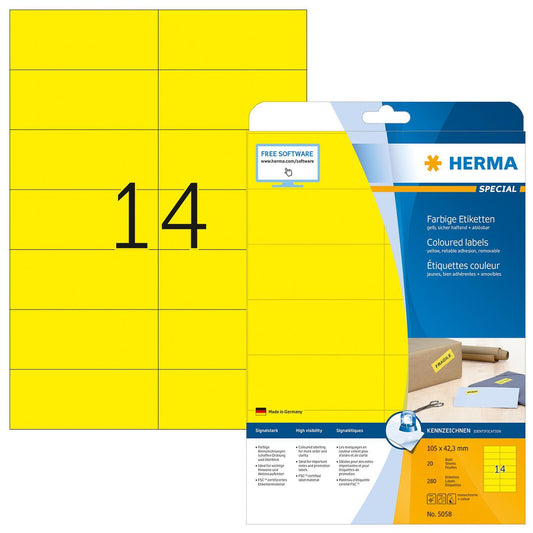 Etikett Herma Special 5058, färgade etiketter, avtagbara, A4, 105x42,3mm, Gul, 20 ark/fp (280 st etiketter)